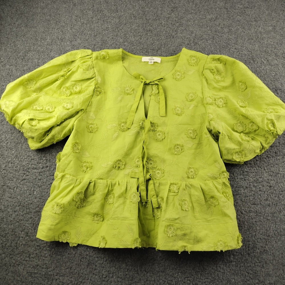 Entro Blouse Sz Medium Lime Green Floral Embroidered Puff Sleeve Top EUC